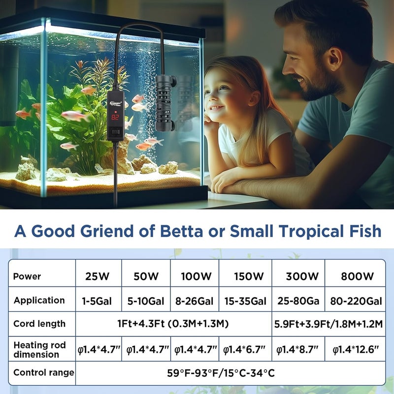 Hygger Aquarium Betta Heater,25W/50W/100W/150W/300W/800W Removable Shell Submersible Fish Tank Heater with LED Digital Display,25W Suitable for 1-5 Gallon Freshwater and Saltwater Fish Tank - Image 3